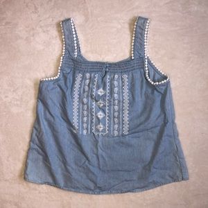 Denim Washed Blue White Embroidered Tank Top